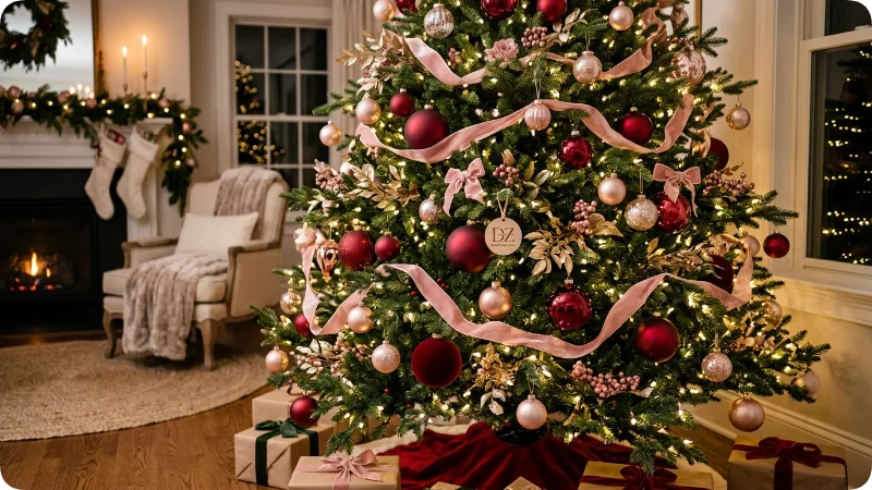 Decorate a Green Christmas Tree With Pink
