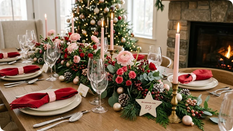 Pink and Red Christmas Table Setting