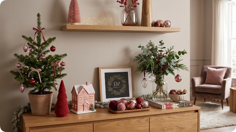 Red Christmas Decor to Shelves and Console Tables