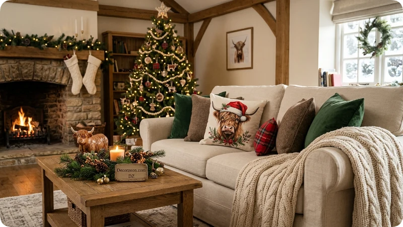 Add Highland Cow Christmas Pillows and Throws