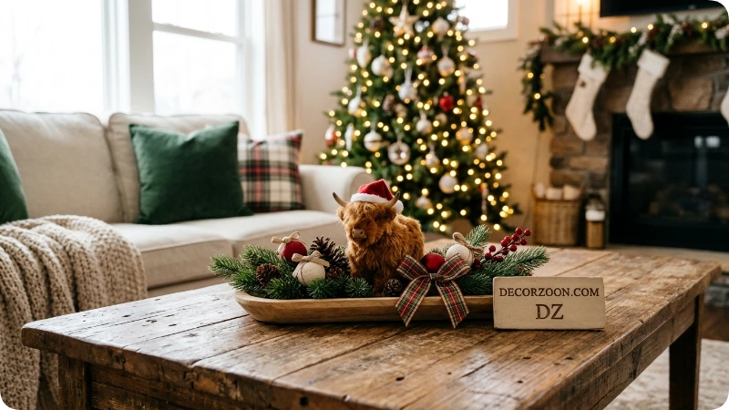 Arrange a Highland Cow Christmas Coffee Table Display