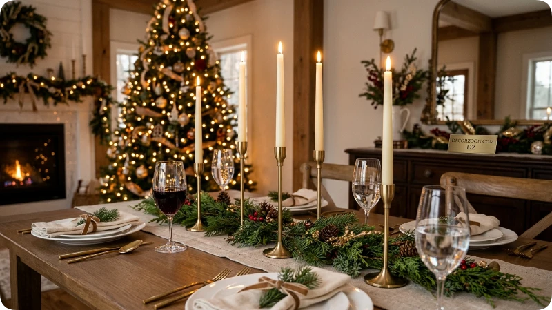 Candlelit Christmas Centerpiece With Brass Accents