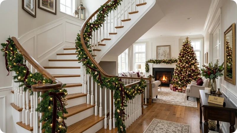 Decorate Staircases With Evergreen Garlands