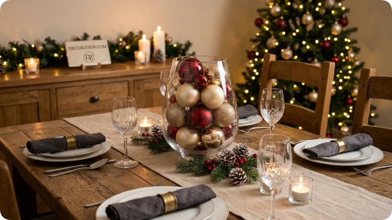 Glass Vase Filled With Christmas Ornaments