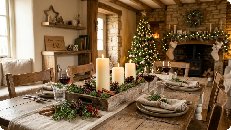 Rustic Wooden Tray With Pinecones and Candles