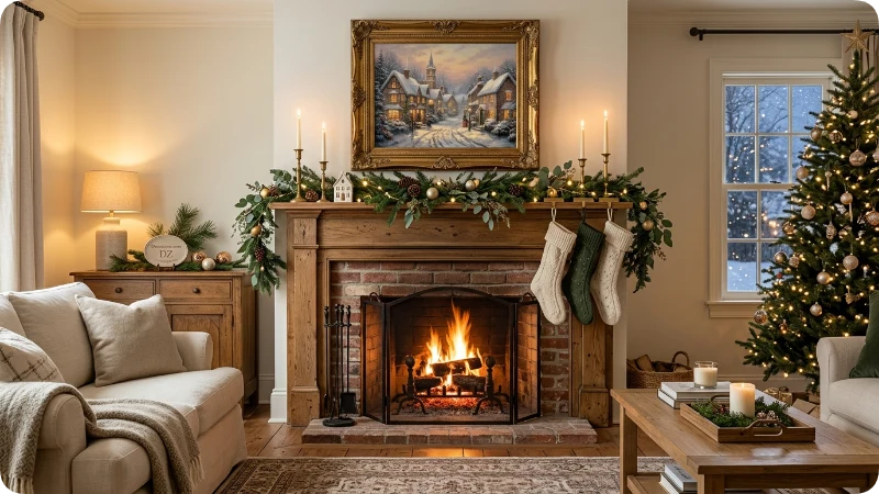 Use Framed Christmas Wall Art Above the Mantel